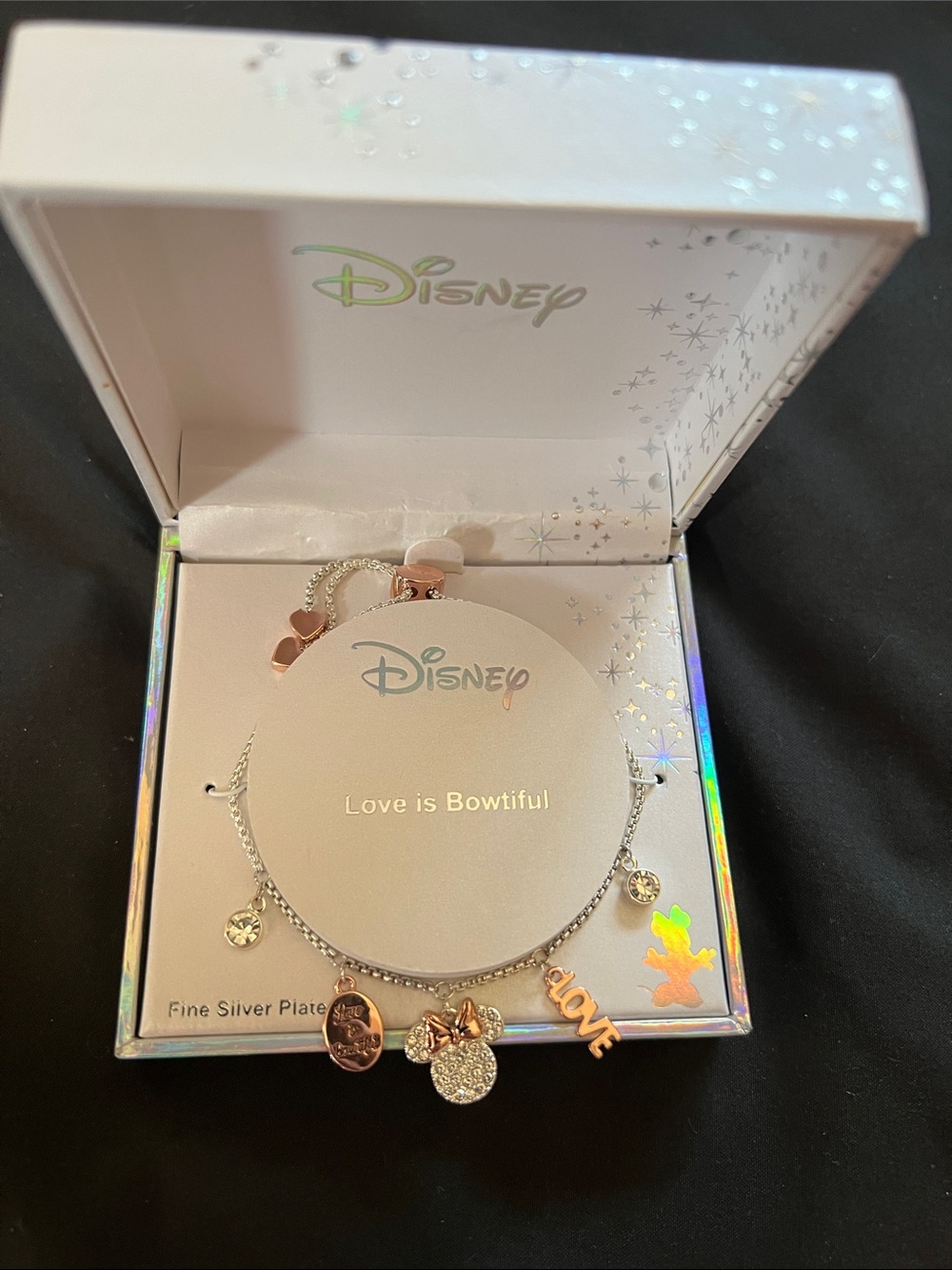 Disney Two-Tone Rose Gold & Silver Minnie Mouse 'Love' Charm Bracelet